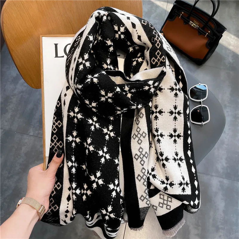 

Winter cashmere scarf women's double - sided thick bib air conditioning shawl diamond check