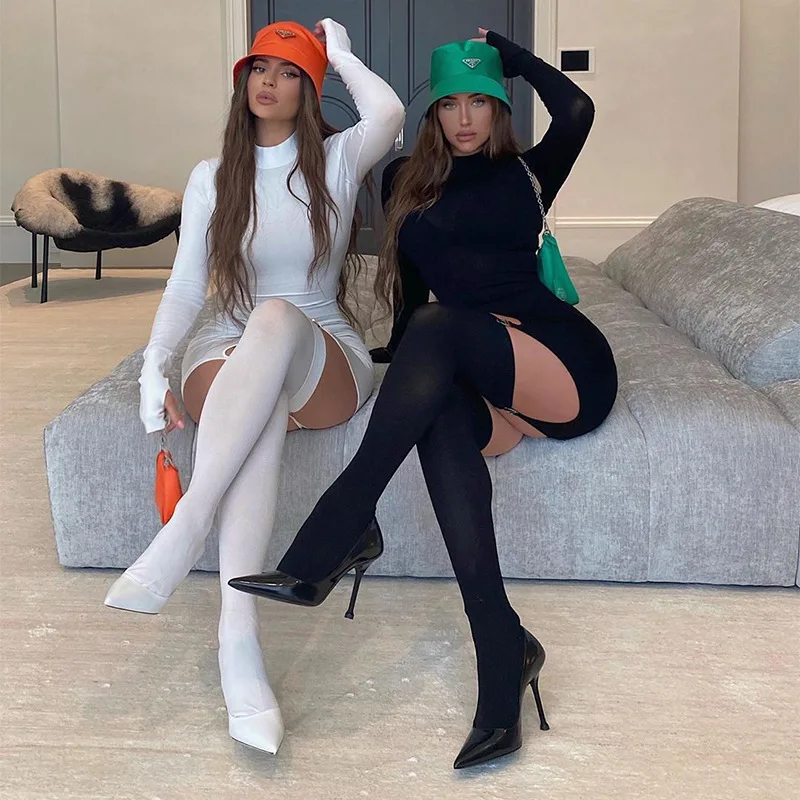 

Sexy Solid Tight Hip Dress 2022 Spring New Fashion Casual Women Round Neck Slim Long Sleeve Free Stockings Dress Nightclub Dress