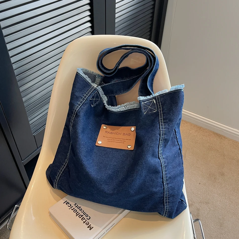 

Korea Packages For Women Fashion Denim Shoulder Bags Large Capacity Canvas Casual Totes Solid Simple Satchels Cloth Book Bags