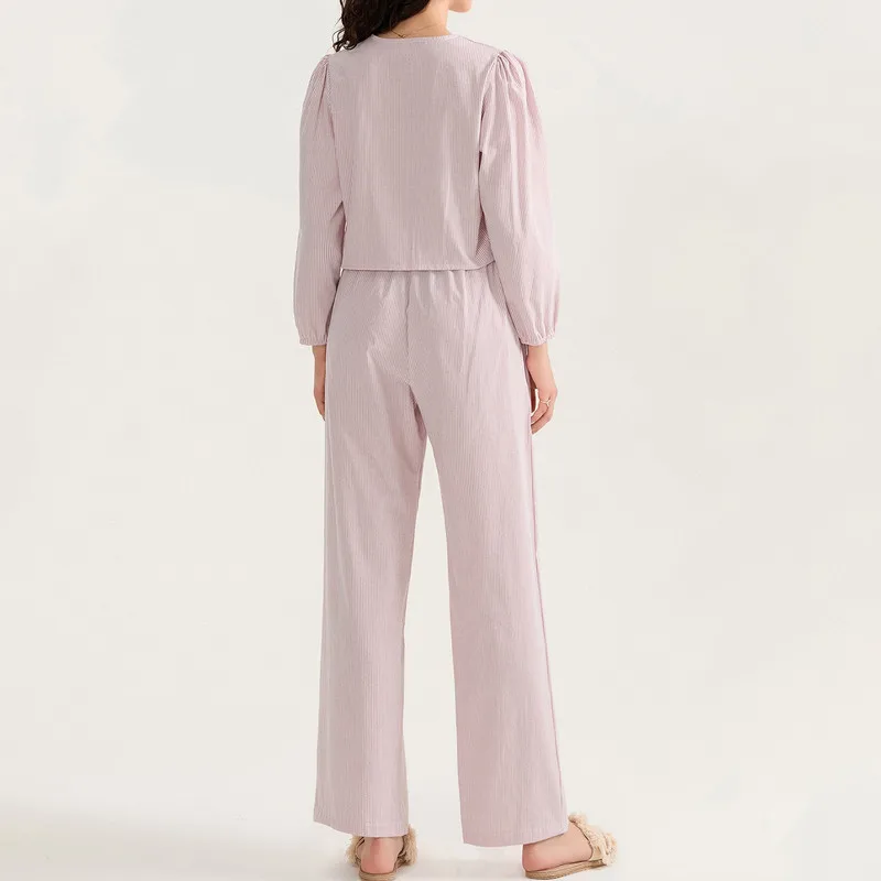 WPNAKS Damskie 2-częściowe zestawy spodni Wiosna Jesień Odzież w kratę V Szyja Wiązanie z przodu Długi rękaw Topy Elastyczne spodnie talii