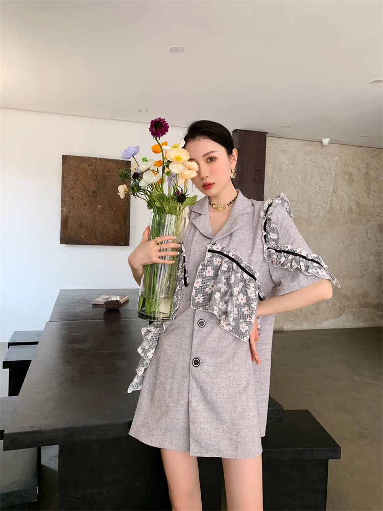 

Large Size Splicing Shirt Irregular Loose Women's Blouse Summer 2022 New Short Sleeve Casual Top Fashion Female Ruffles Clothing