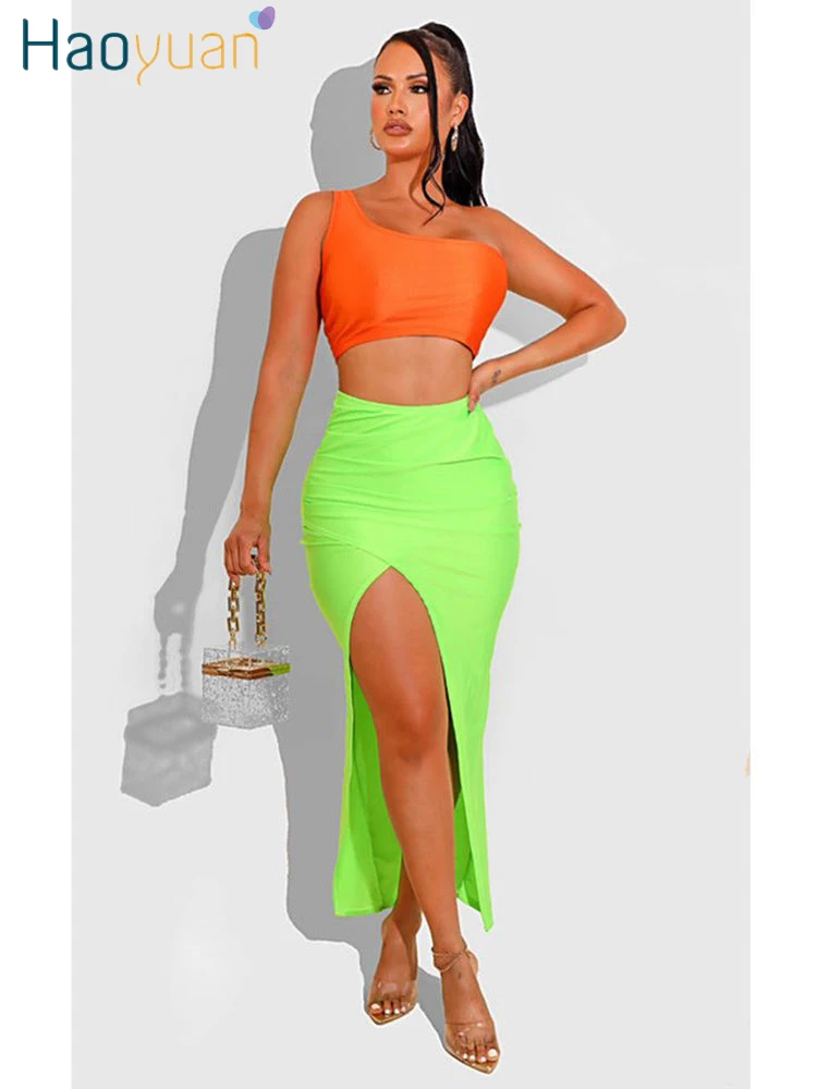 

HAOYUAN Sexy Two Piece Set Slit Long Skirt One Shoulder Crop Top Vacation Outfits for Women Summer Night Club Party Dress Suits