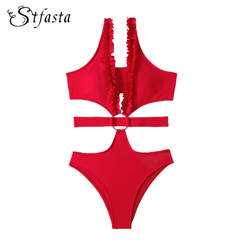 

Женский слитный купальник с оборками STFASTA, Цельный купальник с металлическими кольцами и подкладкой, Новинка лета 2022, пляжный купальный кос...