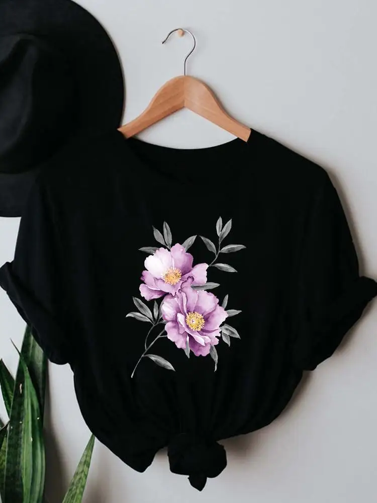 

T-shirts Clothing Print Summer Flower 90s Watercolor Women Clothes Ladies Short Sleeve Fashion Female Black T Graphic Tee