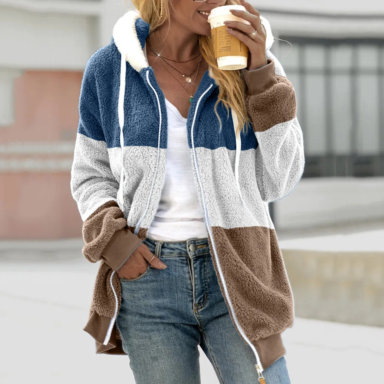 

Women'S Fleece Coat Stitching Two Pocket Soft Hooded Pullover Sweatershirt Warm Artificial Wool Coat Outwear Junior Outerwear