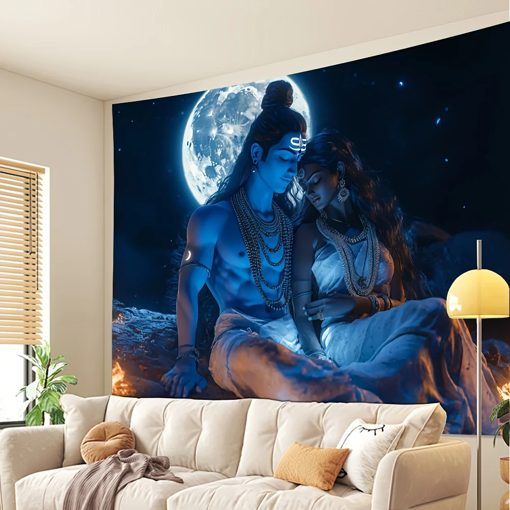 Фото Гобелен Divine Shiva-Parvati — небесная пара Moonlit в синем и золотом цвете, эфирное свечение с сакральным пламенем, домашний декор №1