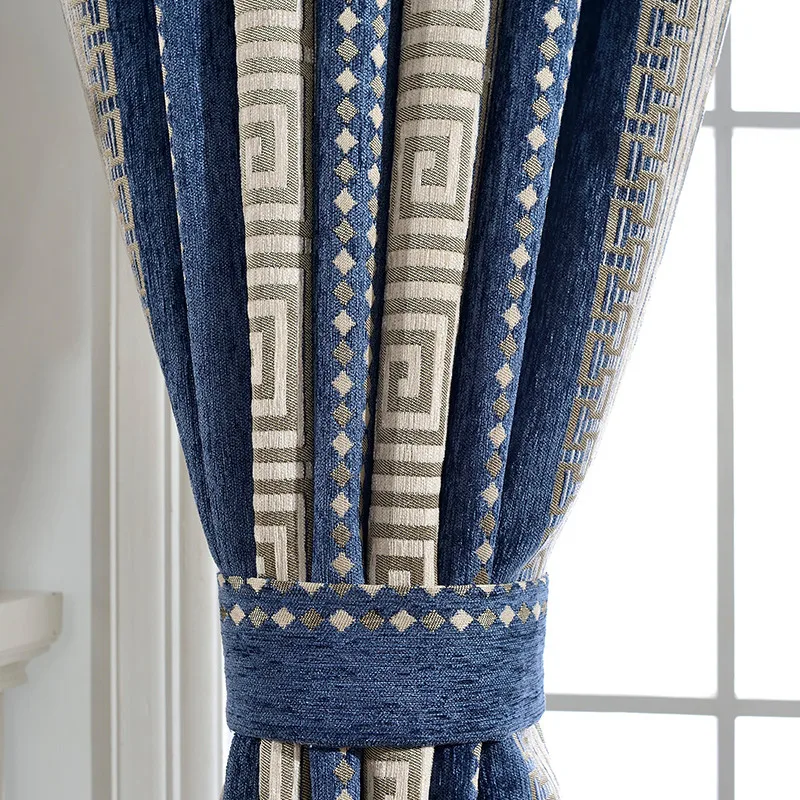 

Classical Chinese Geometric Stripes Blackout Curtain Dark Blue High-grade Embroidered Chenille Curtain For Living Room Bedroom