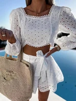 short pants suit 2 piece set party lace shorts outfits square collar 2022 sexy hollow lace beach short sleeve fashion crop tops