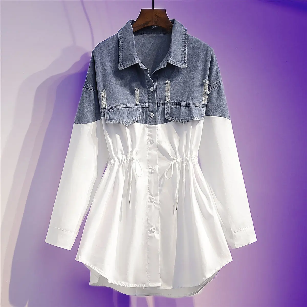

Shirt Jacket Women Spring 2022 New Fashion Slim Long Sleeve Denim Patchwork Blouse Plus Size Casual Female Outwear Streetwear
