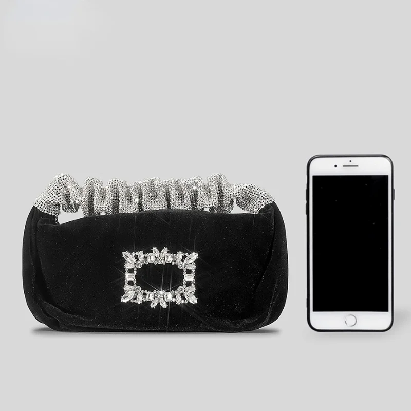 Fashion Velour Rhinestone Evening Bag Ruched Diamonds Handle Women Handbags Luxury Party Small Hobos Party Purse Female Bag 2023
