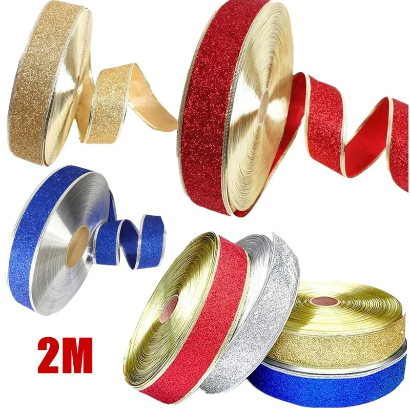 2m/roll 5cm DIY Glitter Ribbons Shiny Gold Powder Ribbon Christmas Tree Decoration Gift Packaging Foldable Handmade DIY Crafts