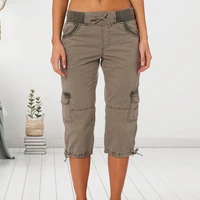 summer 2022 women pants solid color mid calf length flap pockets stretchy waist cropped pants female clothing