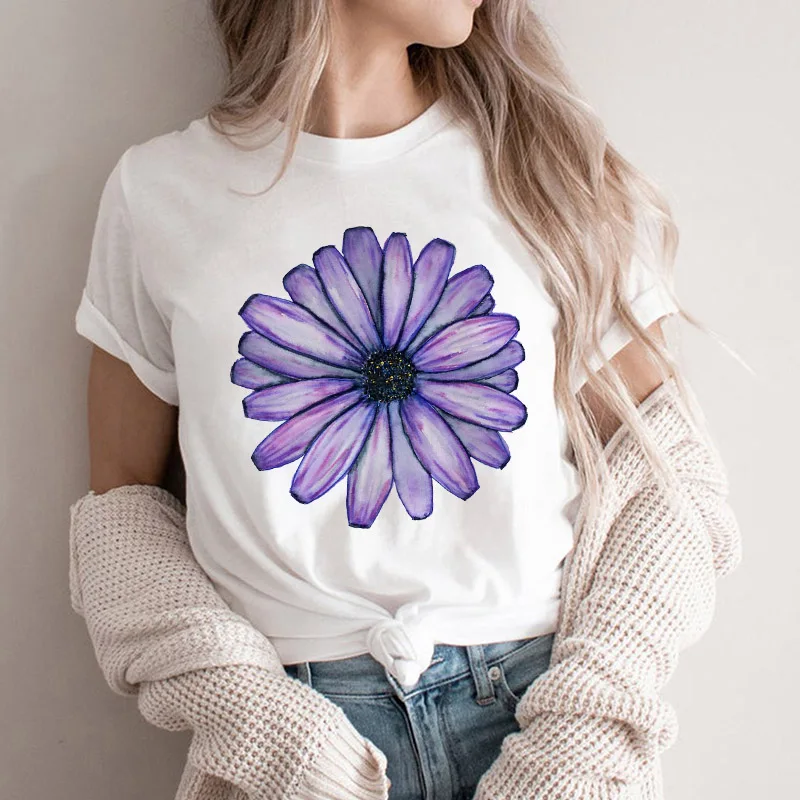 

2022 Tshirts Lady Purple Flower Harajuku Tops Tees Women T Shirts Cartoon Print Short Sleeve Summer 90s Clothing female T-shirt