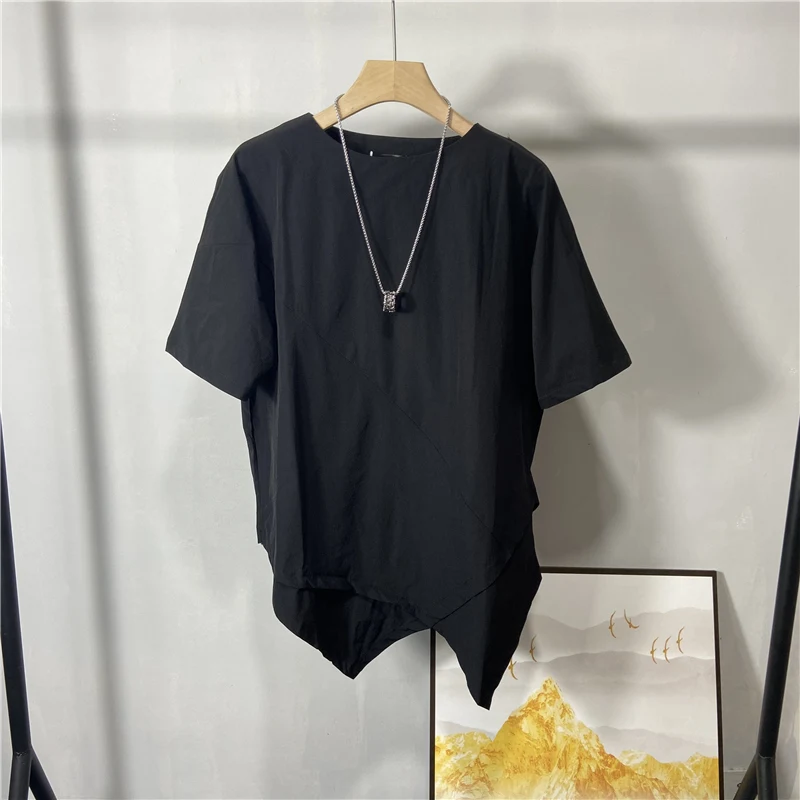 Men's Summer Round Neck Short Sleeve T-Shirt Japanese Fashion Trend Personality Irregular Toothed Hem Thin Large Top