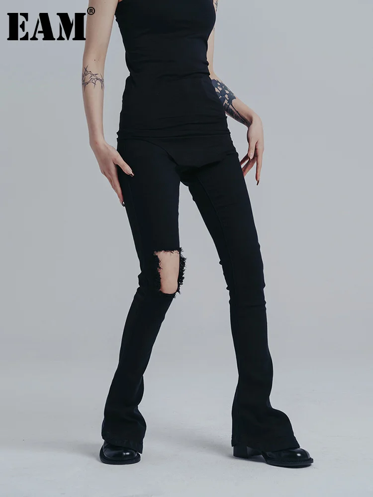 

[EAM] High Waist Black Brief Long Holes Flare Trousers New Loose Fit Pants Women Fashion Tide Spring Autumn 2023 1DE9315