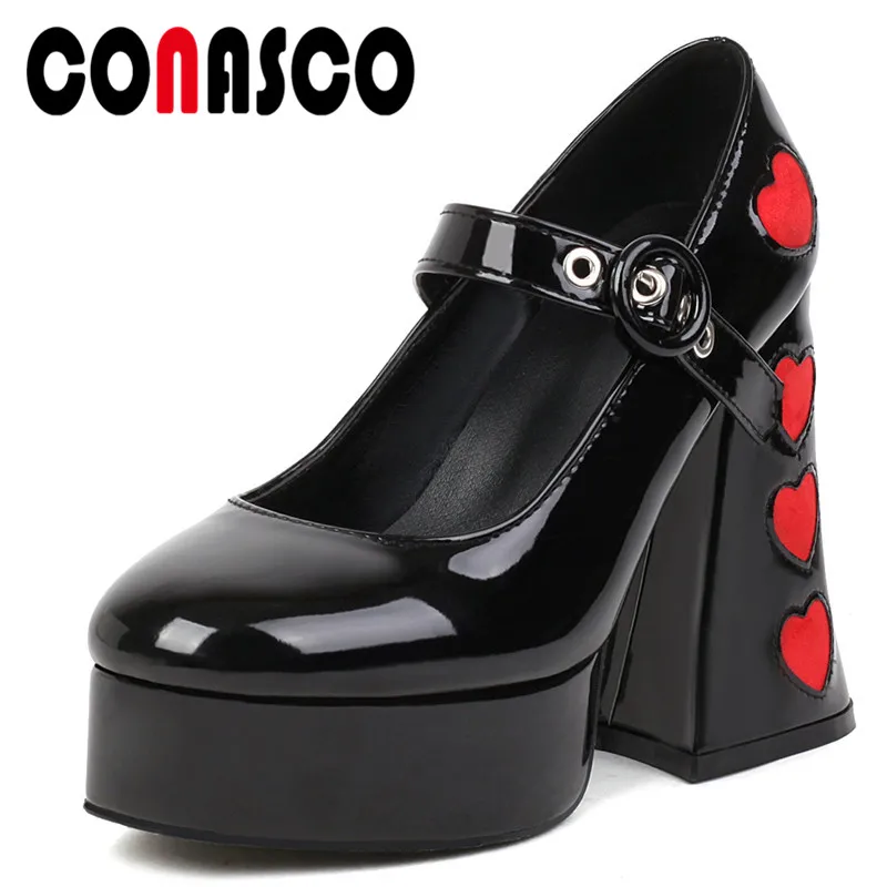 

CONASCO Spring Summer Women Pumps thick High Heels Heart-Shaped Patent Leather Mary Janes Shoes Woman Wedding Party Night Club