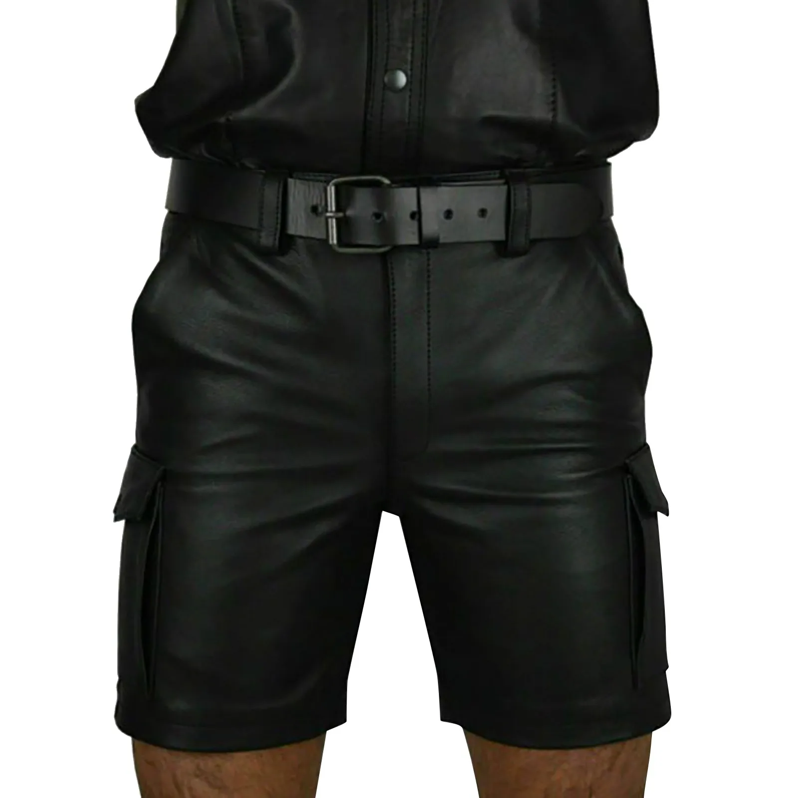 

Leather shorts Pure Color Multi Pockets Exercise Trunks Slim Fit Trousers Workout Leisure Work Male Trousers Business Clothes