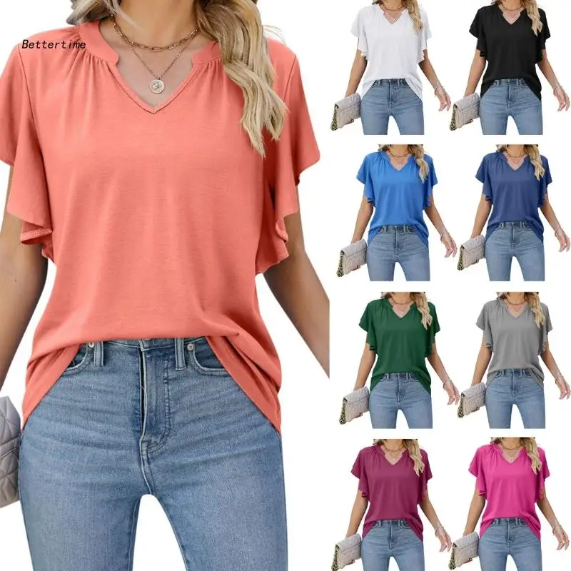 

Женская блузка с коротким рукавом, V-образным вырезом и оборками