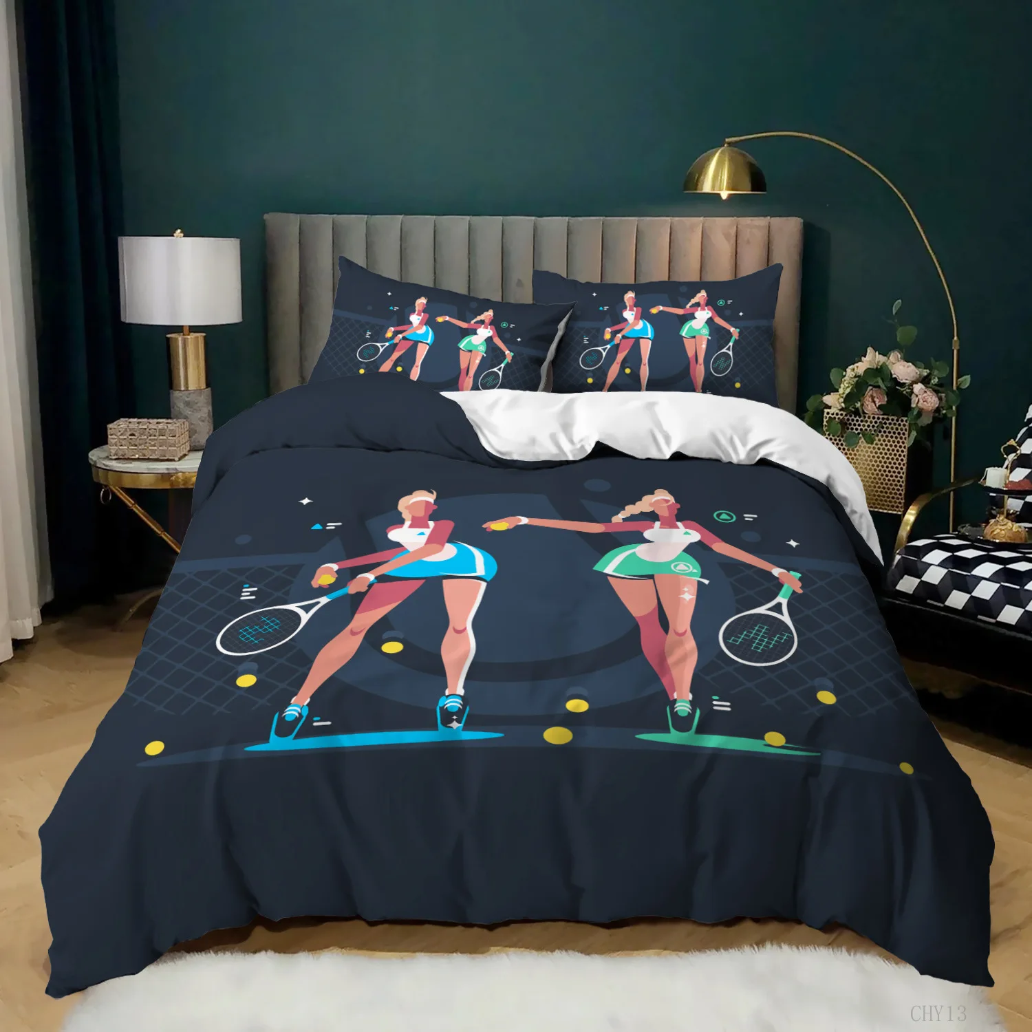 

Sport Duvet Cover King/Queen Size,Two Ladies Are Playing Tennis Pattern Polyester Quilt Cover for Women 1/2Pillowcases Black