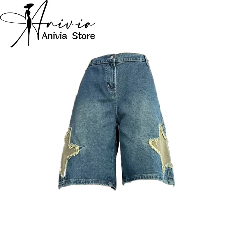 Женские винтажные джинсовые шорты со звездами уличная одежда до колена 2000s Y2k в