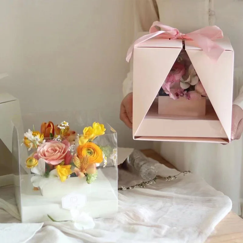 

Folding Flower Packaging Box With Ribbon Transparent Window Rose Flower Bouquet Box Portable Gift Wrapping Supplies Florist
