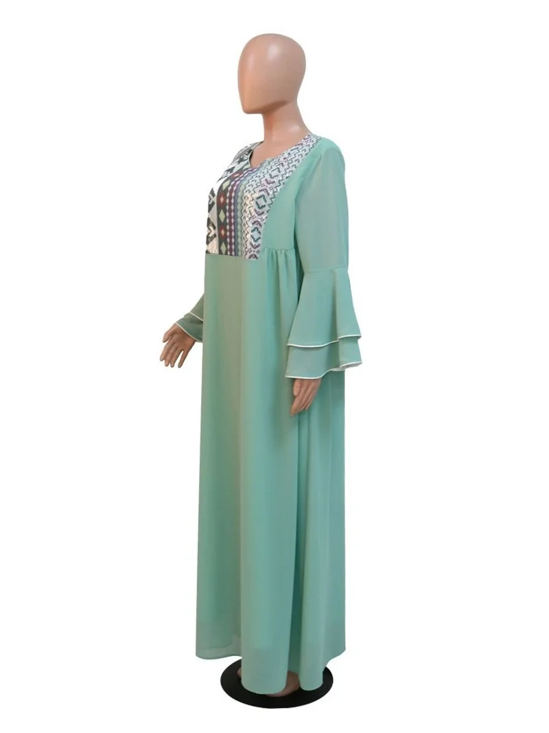 Women High Waist Flare Sleeve Loose Robes Fashion New Print Patchwork Jalabiya Abaya Muslim Ramadan Dress 2022