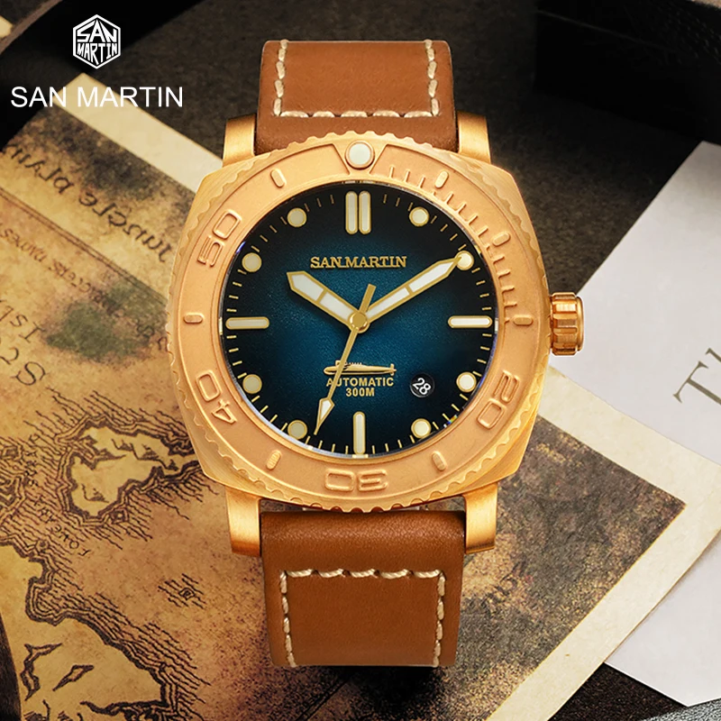 

San Martin CuSn8 Bronze watch Men's Automatic Watch 300M Waterproof Sapphire Glass Watch 44mm PT5000 Diving Mechanical Watches
