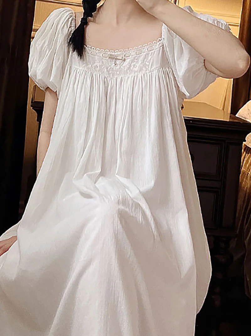 

Women Pure Cotton Ruffles Sweet Embroidery Vintage Nightgowns Robe Night Dress Fairy Victorian Romantic Princess Sleepwear