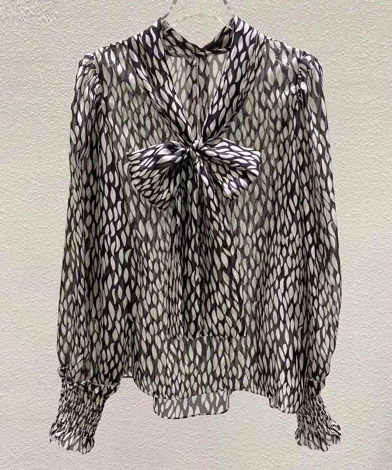 100%Silk Blouses 2022 Autumn Style Women Bow Collar Geometric Prints Long Sleeve Casual Tops Blouse Ladies Elegant Work Shirt