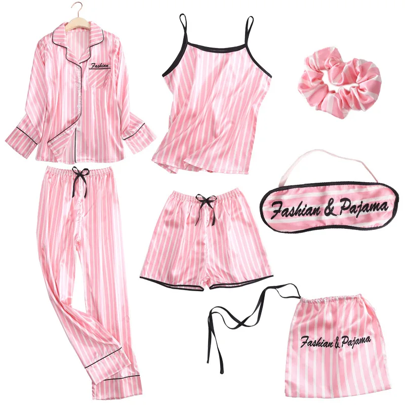 

Female Sleepwear 7PCS Pajamas Set Pink Stripe Long Sleeve Trouser Suits Pyjama Pour Femme Loose Satin Home Clothes Loungewear