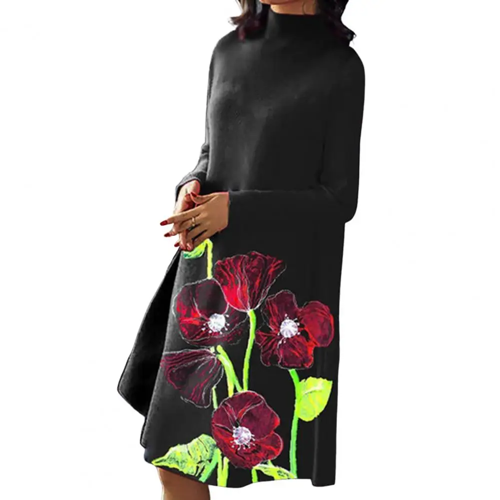 

Fashion Casual Dress Women Loose Half High Collar Printing Cotton Blend Robe Long-sleeved Midi Dresses for women 2022 Vestidos