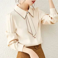 casual wave polo neck ribbon bow solid female 2022 new blouses women clothing long sleeve fashion bright silk chiffon shirts top
