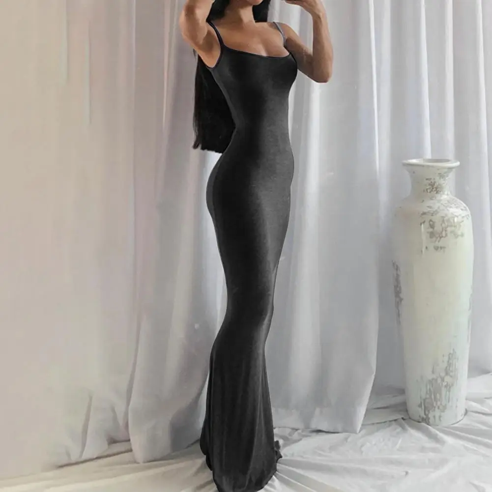 

Elegant Solid Floor-Length Maxi Dress Super Soft Sleeveless Polyester Women Long Dress Fade-Resistant Backless Skinny Dress