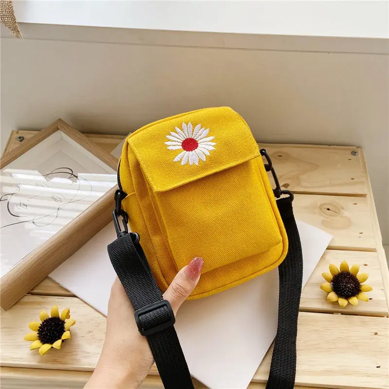 Single Shoulder Bag Fashion Solid Color Casual Handbag Outdoor Daisy Canvas Handbag Zipper Cross-body Bag Messenger Bag Women