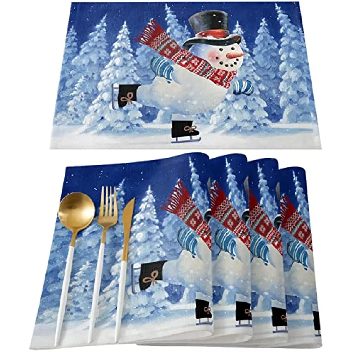

Snowman Skiing in Snow Night Placemats for Dining Table Heat Resistant Place Mats Washable Kitchen Table Mats