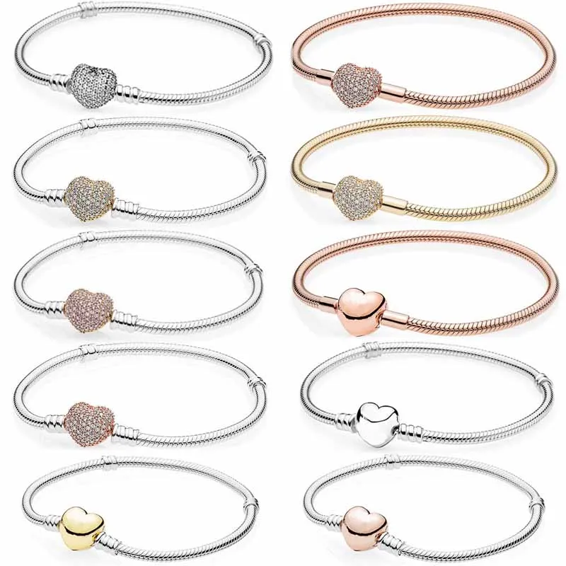 

Original Rose & Gold Moments Heart Clasp With Crystal Bracelet Fit Europe Bangle 925 Sterling Silver Charm Jewelry