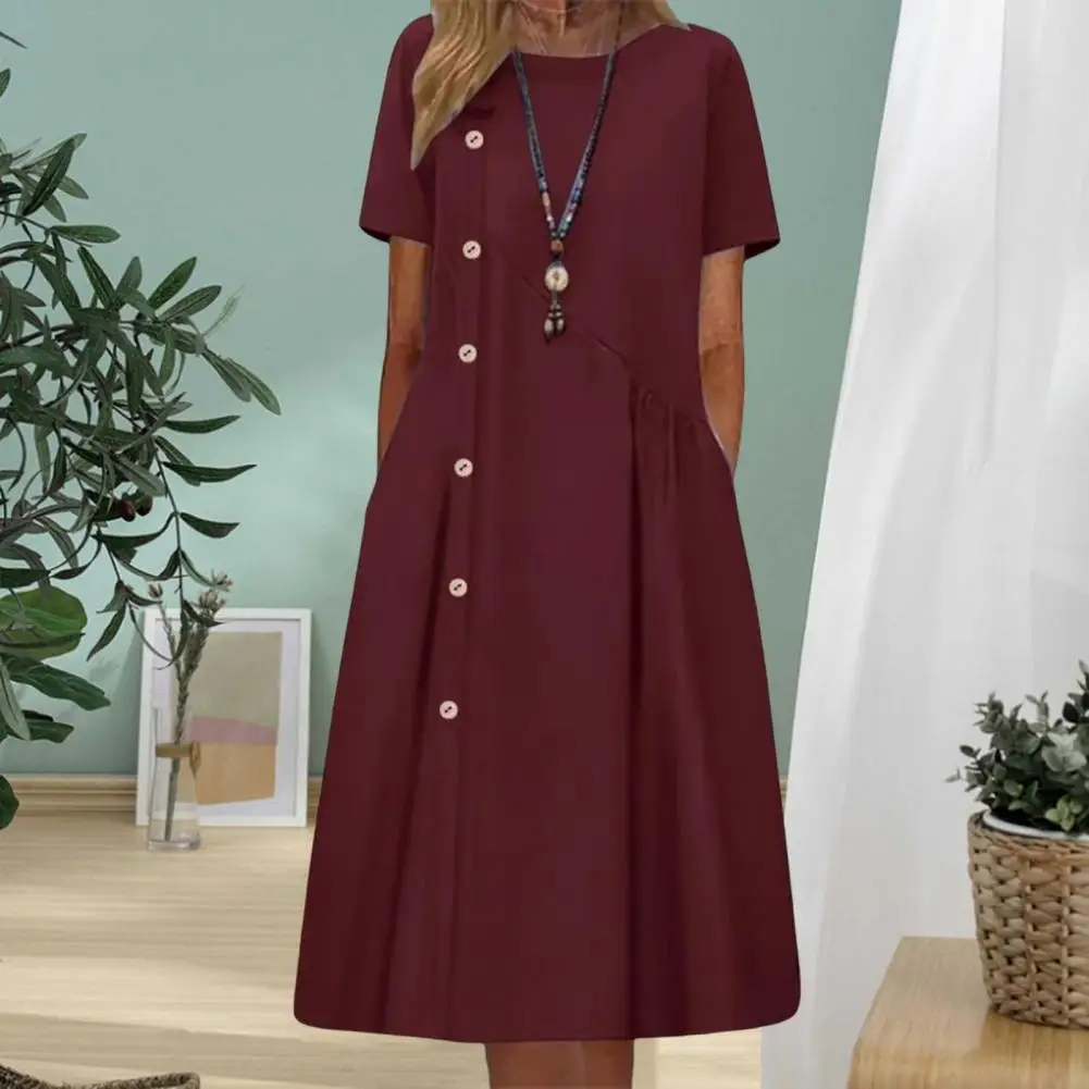 

Trendy Lady Summer Dress Pleated Short Sleeves Breathable Plus Size Lady Summer Dress Pockets Summer Midi Dress Lady Clothes