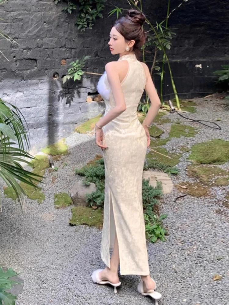 Ezgaga платья женские сексуальные элегантные пушистые лоскутные бархатные без