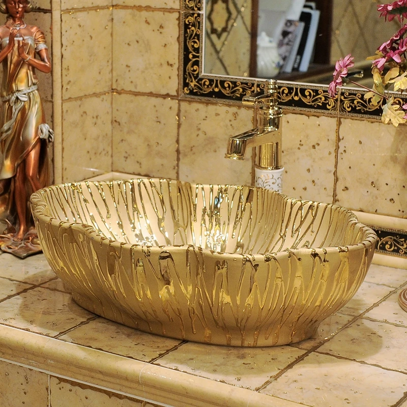 

European Style Table Basin Golden Ceramic Basin Light Luxury Personalized Creative Art Washbasin Beauty Salon Bathroom Basin