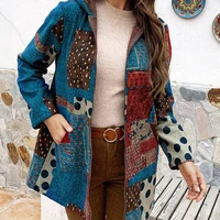 autumn and winter new fleece cotton jacket hooded zipper long sleeve ethnic print mid length cotton coat