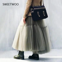 goth maxi long skirts for women fairy grunge pleated tulle skirt black pink white gothic clothes 2022 korean fashion tide chic