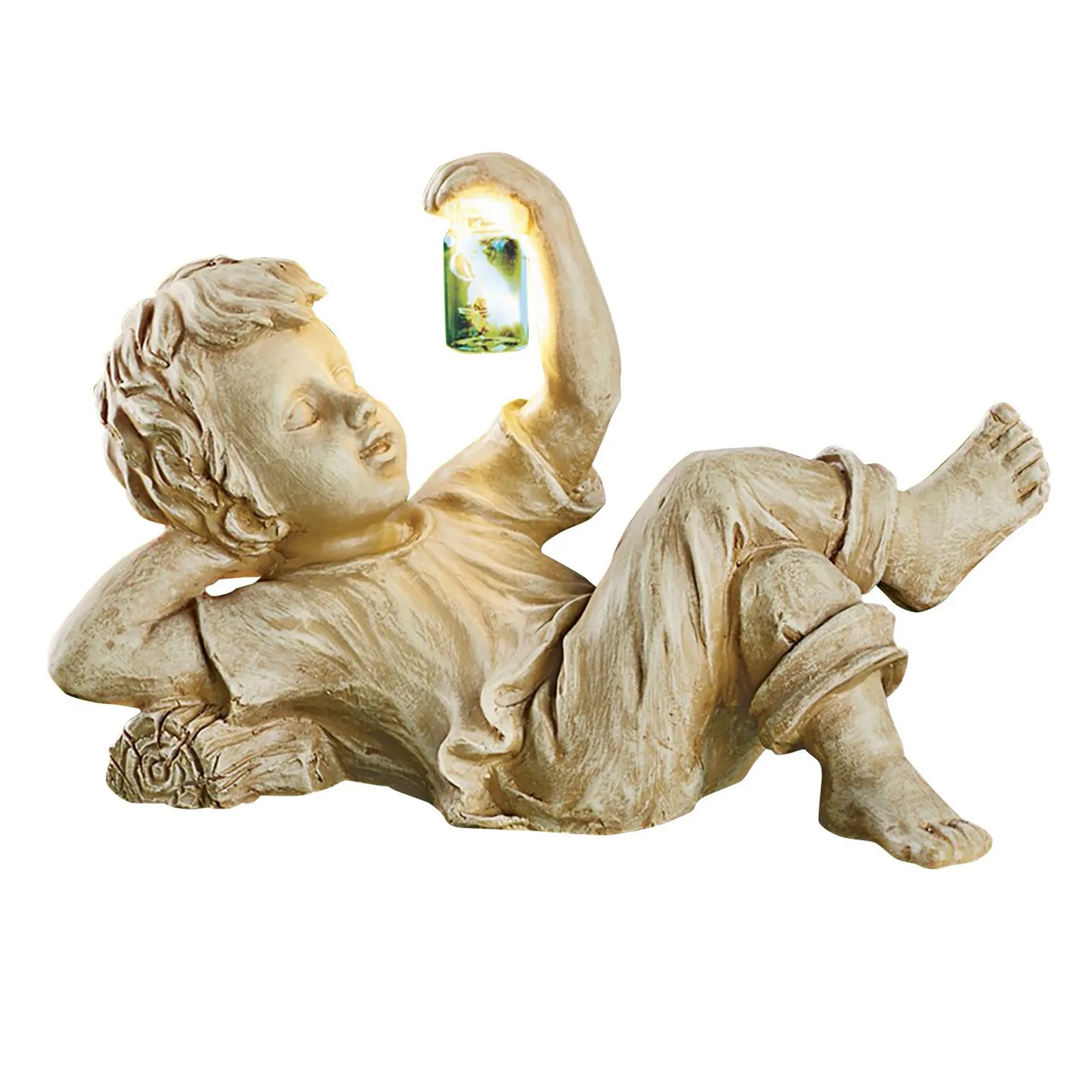 

A Kid with Solar Fireflies Garden Statue Resin Jar Boy Statue Whimsical Flower Bed Yard Lawn Outdoor Sculpture Decor