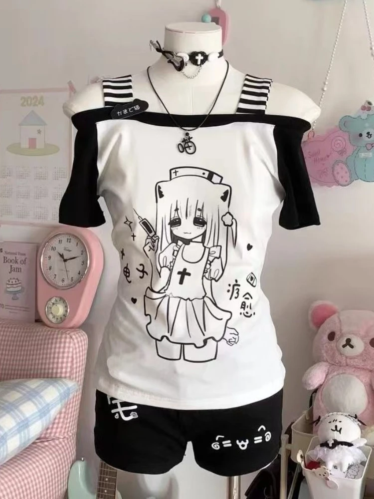 Фото HOUZHOU Y2k Kawaii White Juminocore женские футболки Cutecore с коротким рукавом в полоску с открытыми плечами японские модные тонкие футболки Gyaru №4