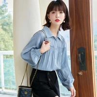 spring autumn new design office lady women shirt korean fashion chiffon long sleeve blue blouses casual tops for 2022