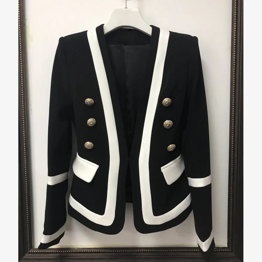 

HIGH STREET New Fashion 2022 Designer Women's Classic Black White Color Block Metal Buttons Blazer Jacket Outer Wear