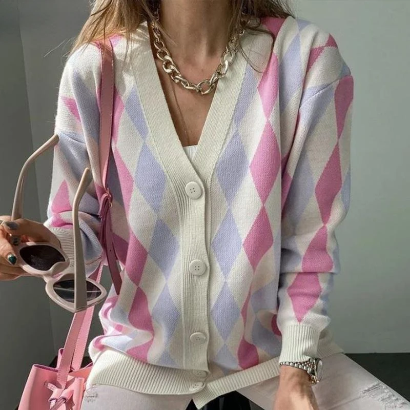 

2021 Autumn Kintted Sweater Cardigans Women Diamond Plaid V-neck Cardigan Long Sleeve Single Breasted Fashion Tops