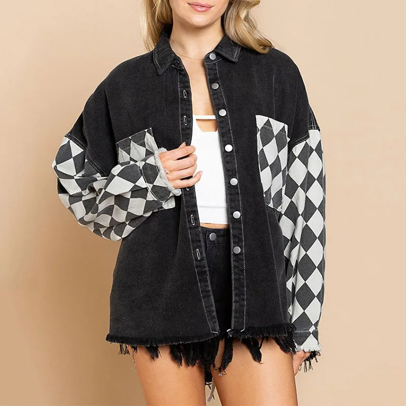

Женская клетчатая куртка на пуговицах, Повседневная Свободная верхняя одежда с отложным воротником и бахромой, Осень-зима 2022