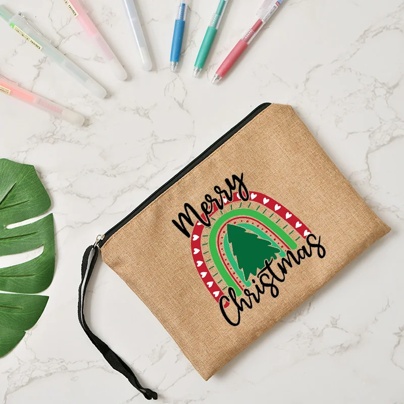 rainbow print Organizer Zipper Canvas Handbags Christmas Series Makeup Pouch Women Cosmetics Bag  Travel Toiletries Storage Gift
