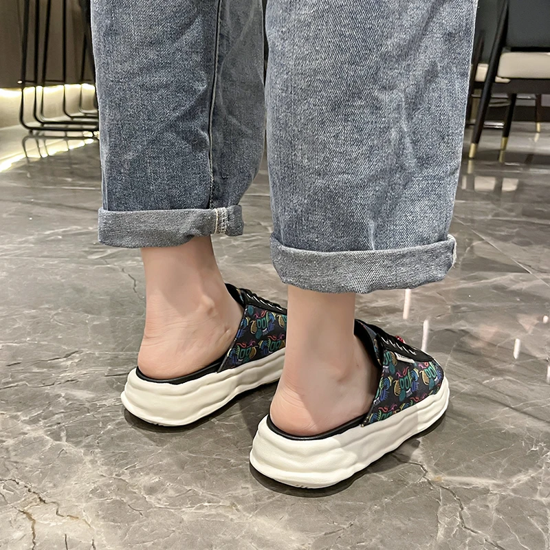 Woman Platform Espadrilles Graffiti Canvas Flat Medium Heels Lona Casual Slippers Luxury Low Heel Sandals Shoes Strap Flip Flops