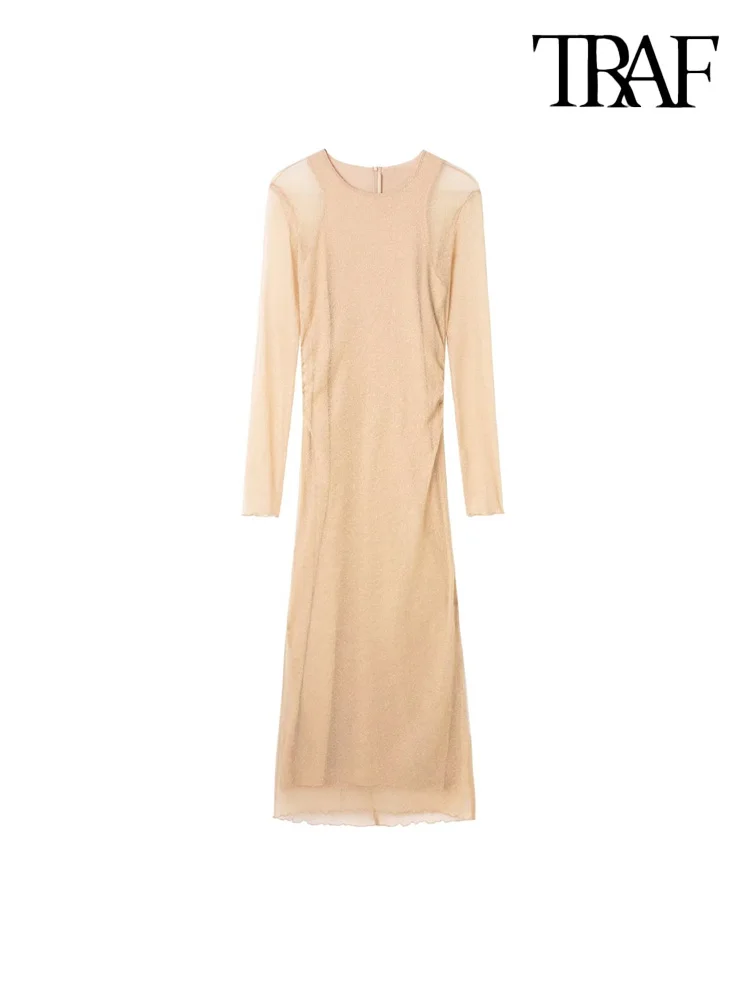 

TRAF Women Fashion Semi-sheer Ruched Shiny Tulle Midi Dress Vintage Long Sleeves Back Zipper Female Dresses Vestidos Mujer